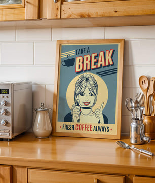 Retro Coffee Break Poster with Woman Holding a Cup - Mi tienda