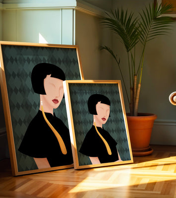 Elegant woman with short hair and golden earring on patterned background