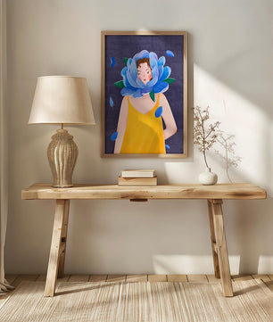 Illustration of woman with blue flower head and yellow dress
