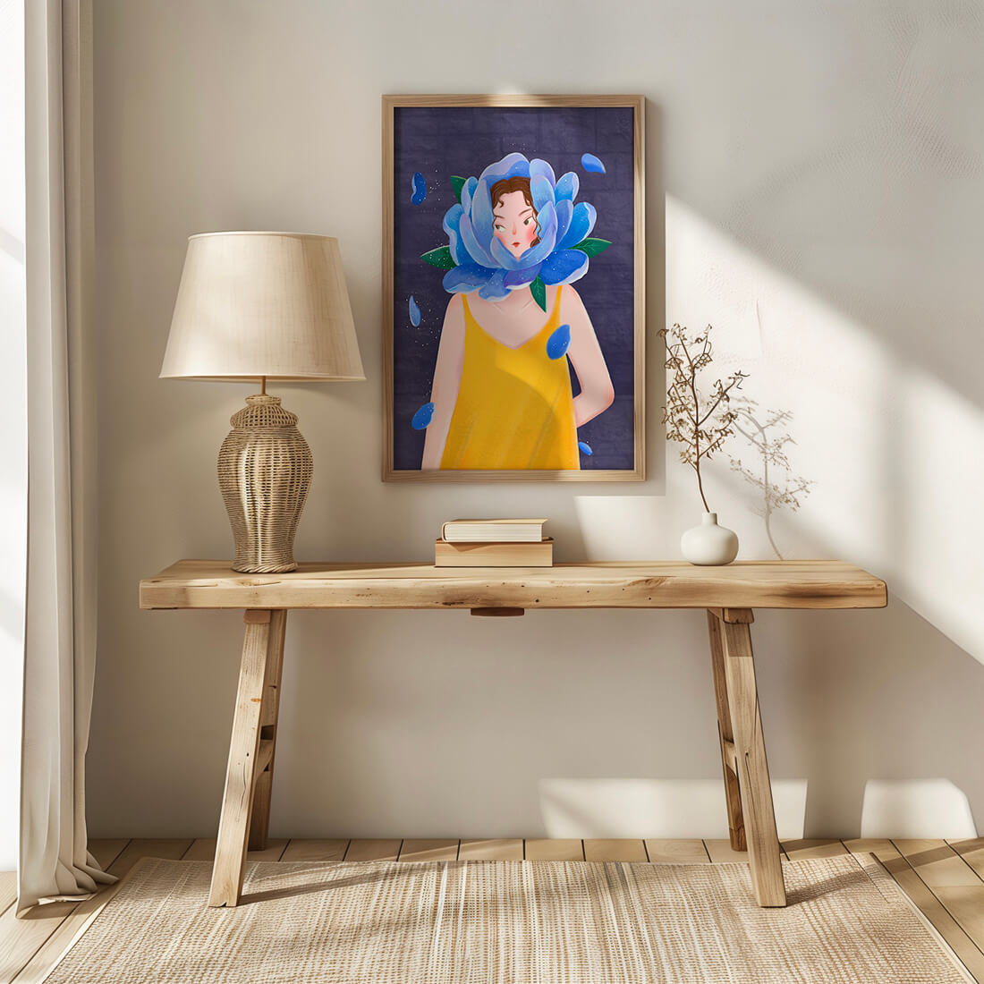 Illustration of woman with blue flower head and yellow dress