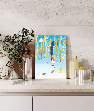 Ilustración caprichosa de una niña en un bosque abstracto vibrante