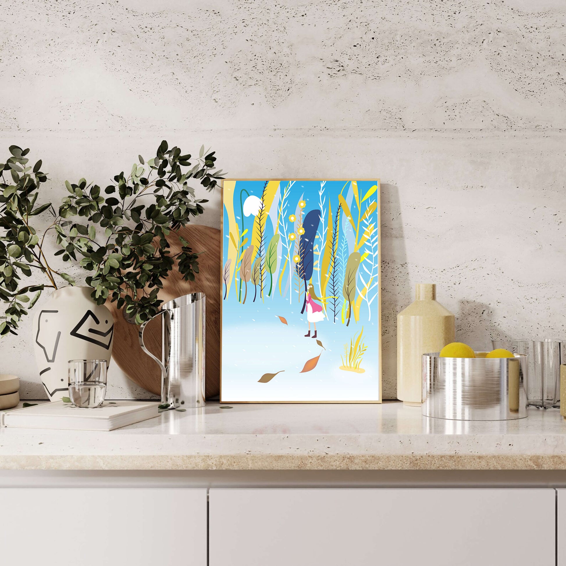 Ilustración caprichosa de una niña en un bosque abstracto vibrante
