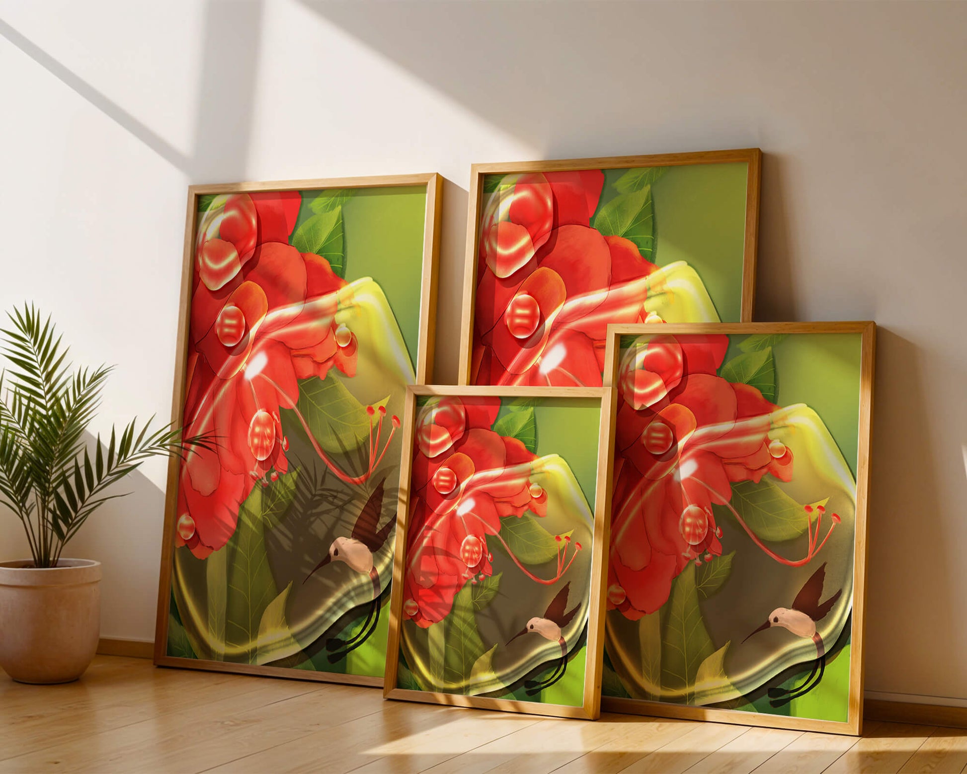 Vibrant floral illustration with hummingbird and lush greenery
