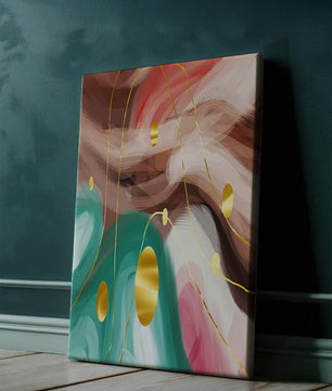 Diseño abstracto de remolinos coloridos con círculos dorados