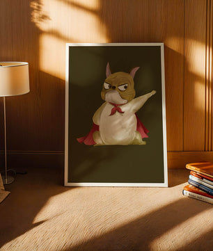 Cartoon superhero dog with red cape illustrating playful strength