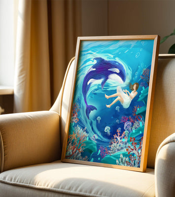 Underwater fantasy scene with a playful whale and a girl floating amidst coral and jellyfish