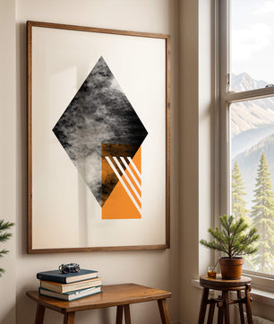 Abstract Geometric Composition with Orange Triangle and Cloudy Pattern - Mi tienda