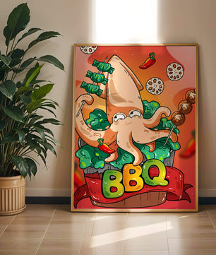 Calamar a la parrilla estilo caricatura peculiar con vegetales