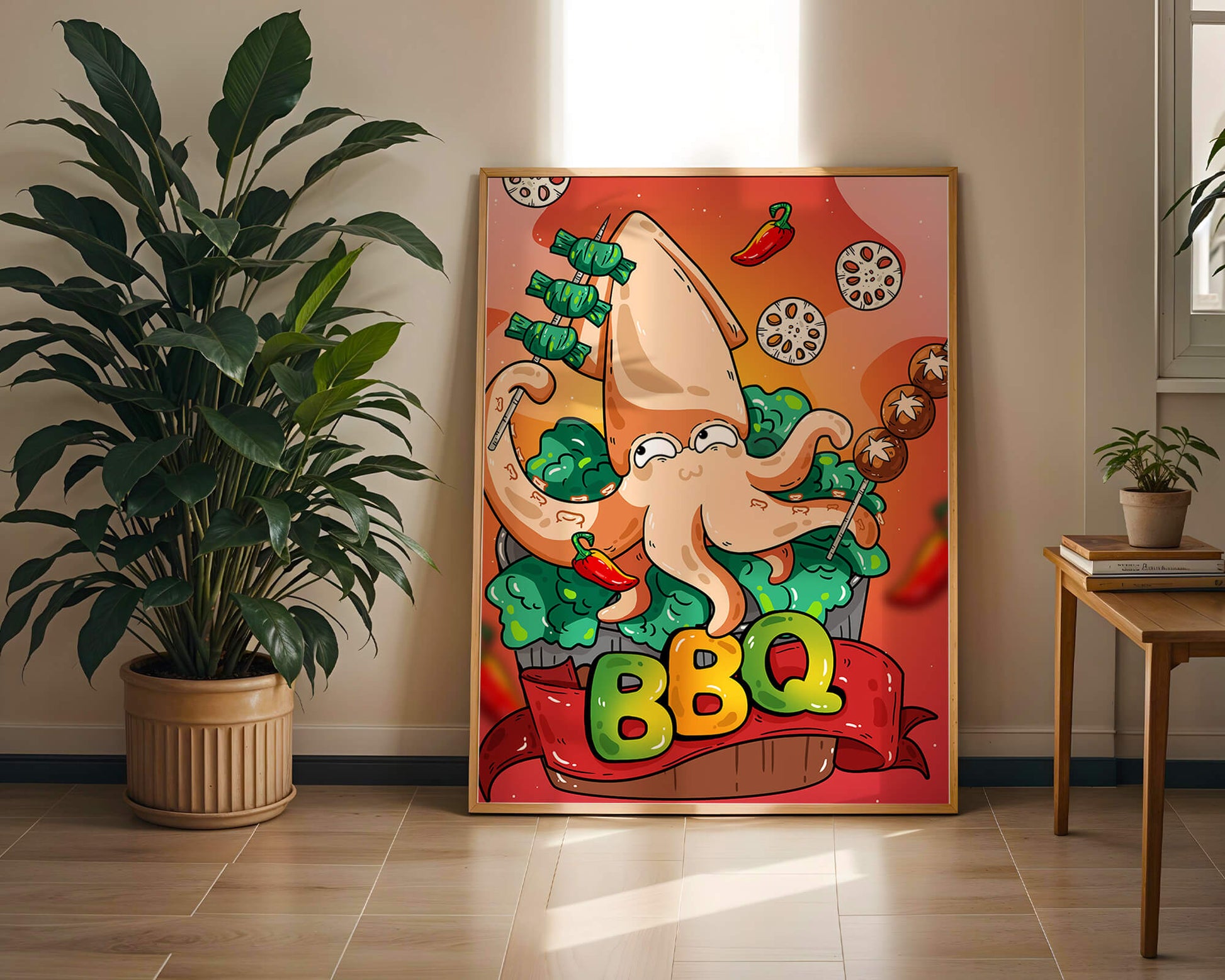 Quirky Cartoon Squid BBQ with Vegetables