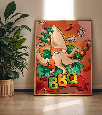 Quirky Cartoon Squid BBQ with Vegetables