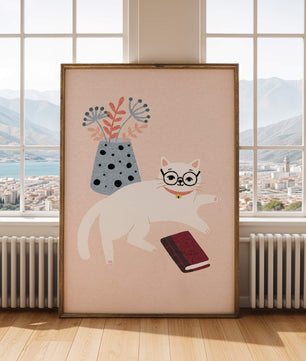 Illustration of playful cat with book and floral vase
