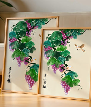 Watercolor grapevine and birds illustration with traditional art style