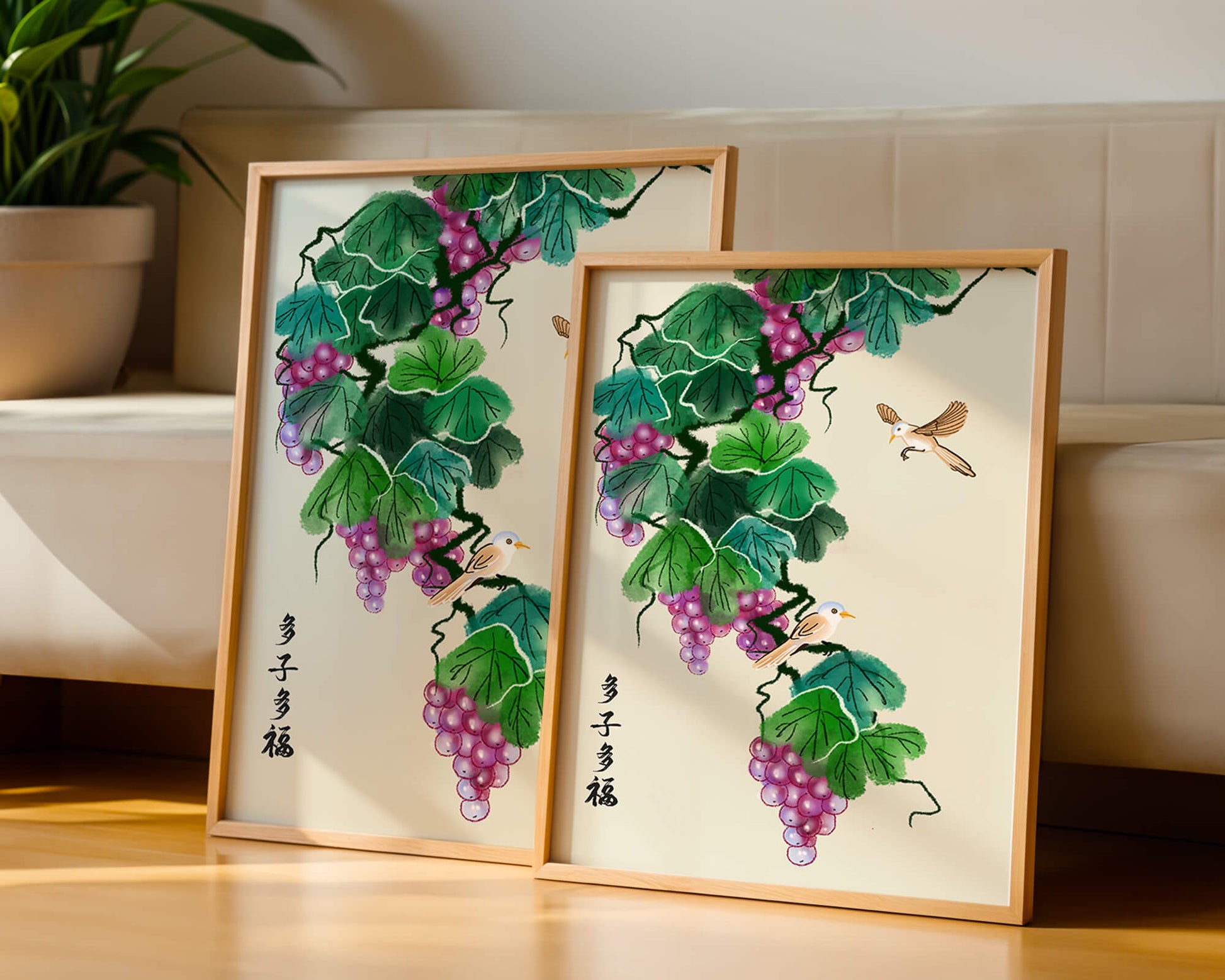 Watercolor grapevine and birds illustration with traditional art style