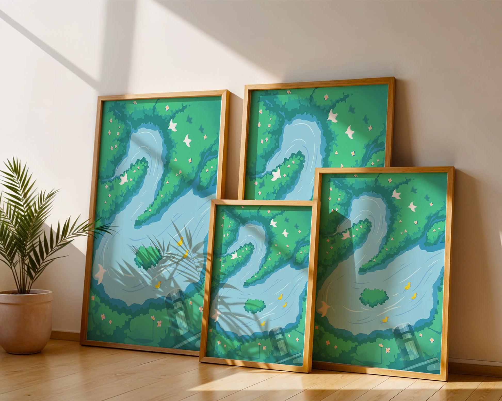 Río sereno con patos y aves en un paisaje exuberante