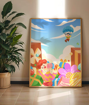 Colorful illustration with presents and children playing under a blue sky