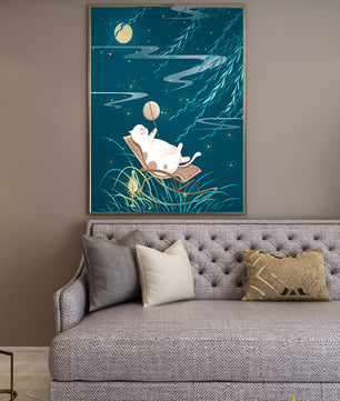 Adorable ilustración de un gato relajándose en un jardín iluminado por la luna con linterna