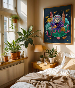 Whimsical space panda illustration with planets and stars