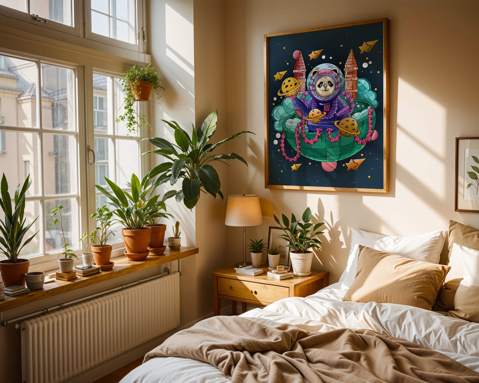 Whimsical space panda illustration with planets and stars