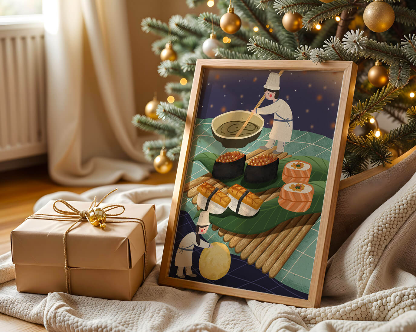 Ilustración juguetona de chefs preparando sushi en un paisaje imaginario