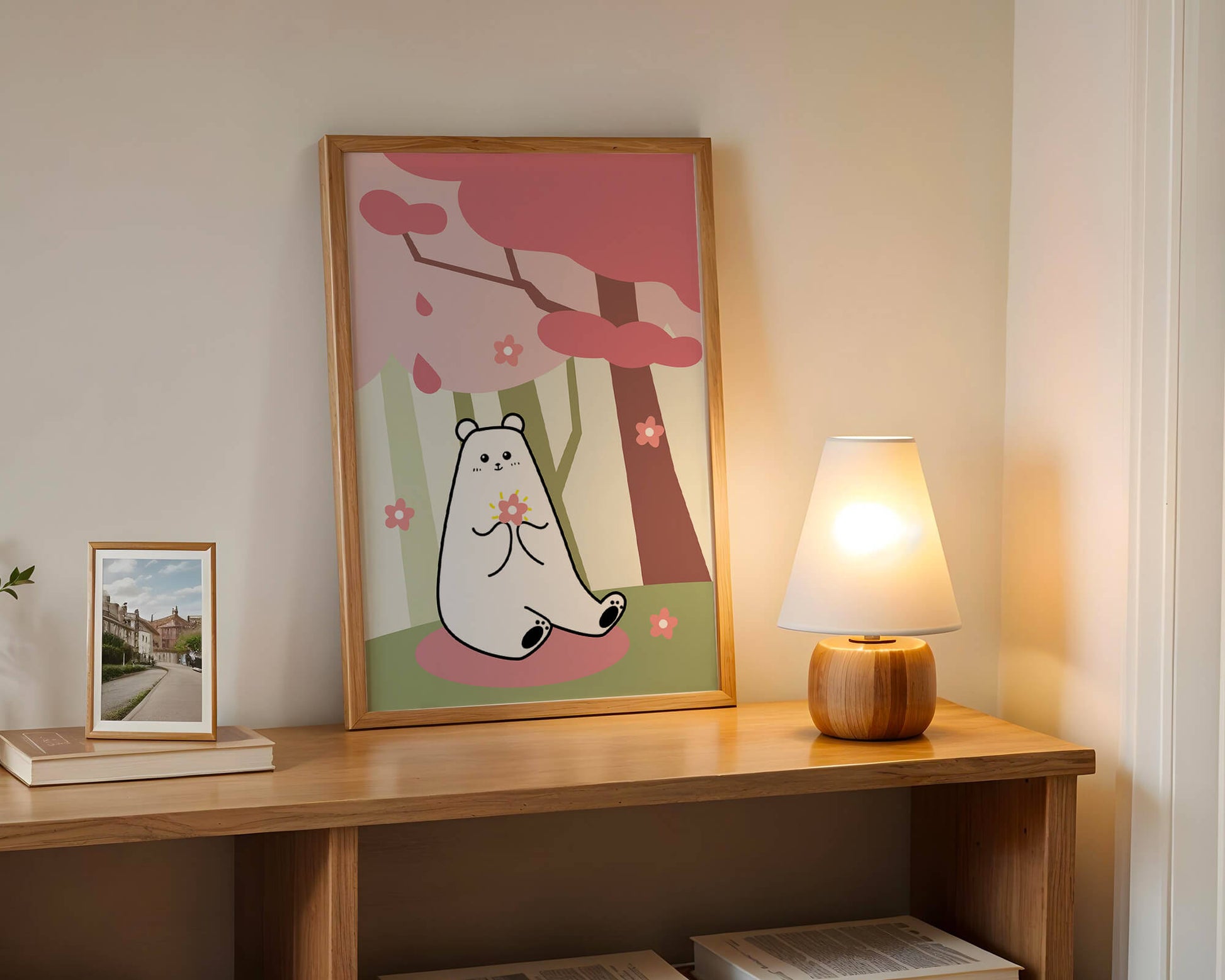 Charming bear holding flower under cherry blossom tree