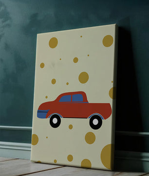 Ilustración abstracta de un coche rojo con círculos dorados sobre un fondo beige