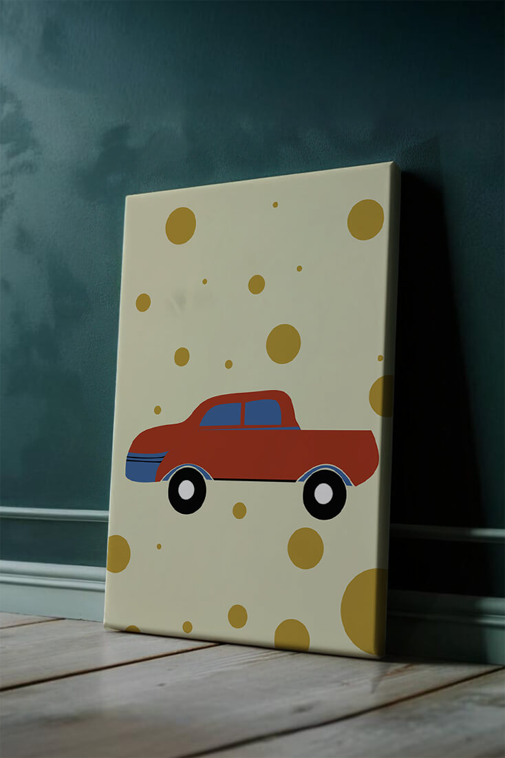 Abstract illustration of a red car with golden circles on a beige background