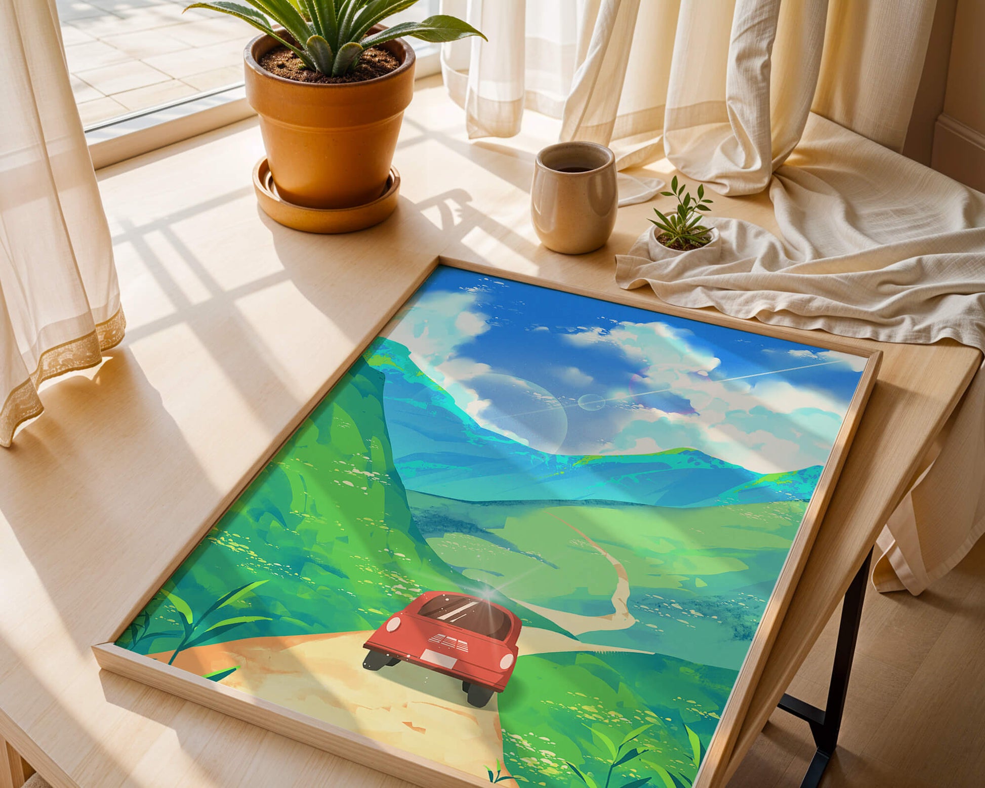 Red Car on a Scenic Road Through Green Hills Under a Vibrant Blue Sky