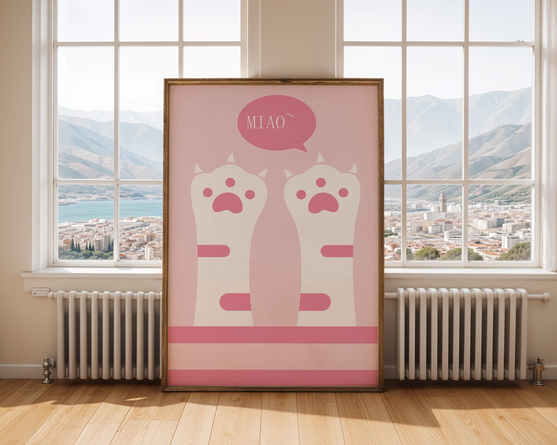 Playful cat paws illustration with speech bubble saying "Miao"