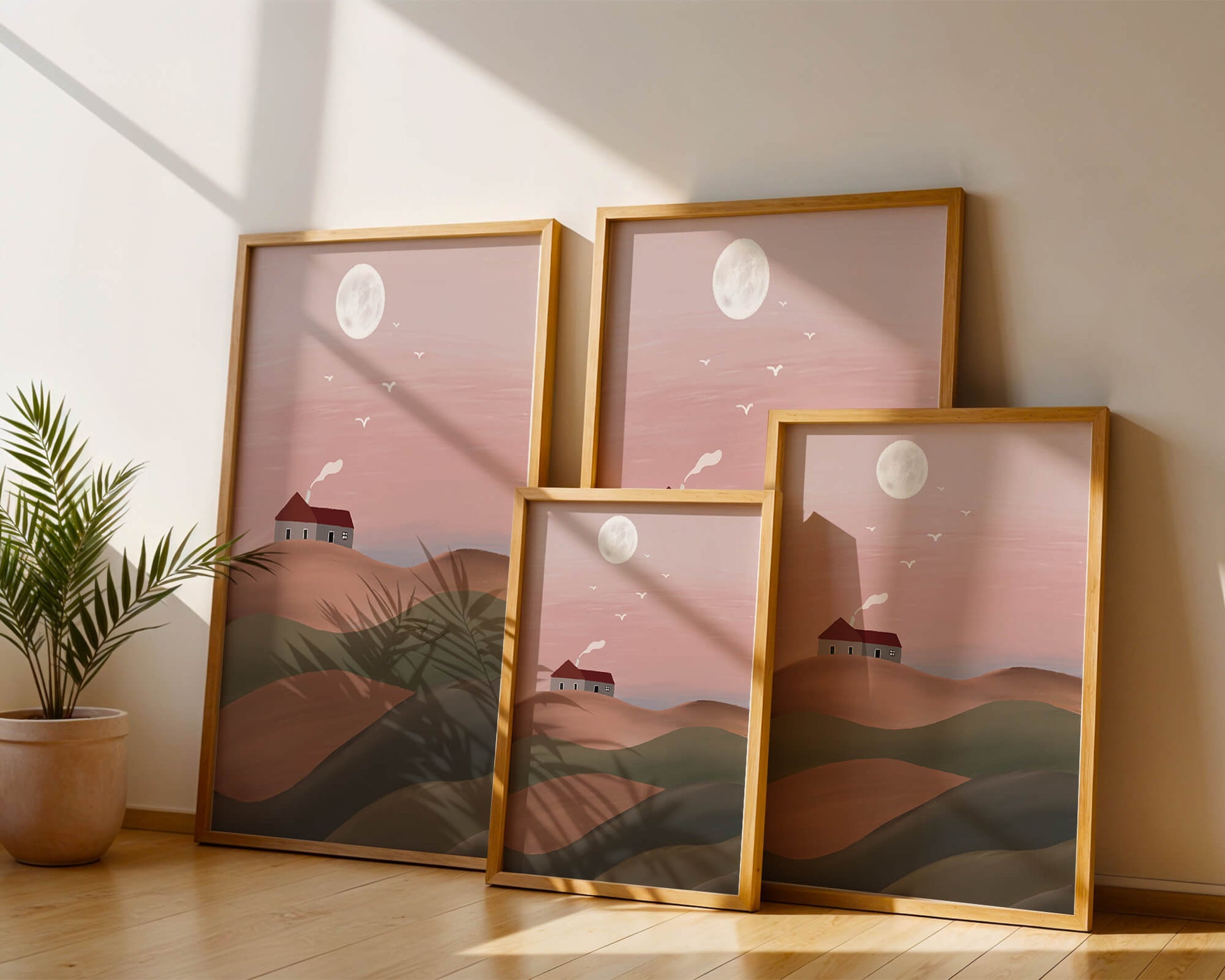 Casa en una colina rosa bajo la luna llena