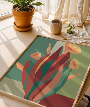 Abstract floral illustration with bold colors and geometric background