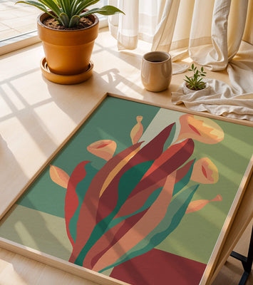 Abstract floral illustration with bold colors and geometric background