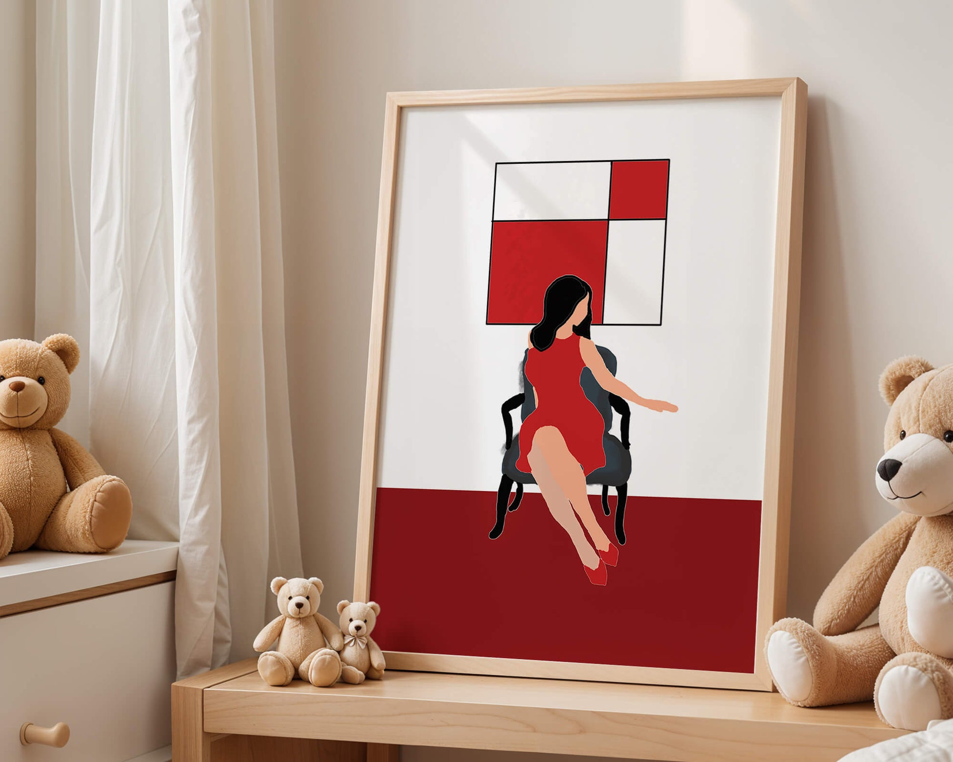 Mujer abstracta en vestido rojo sentada en una silla con arte geométrico en la pared