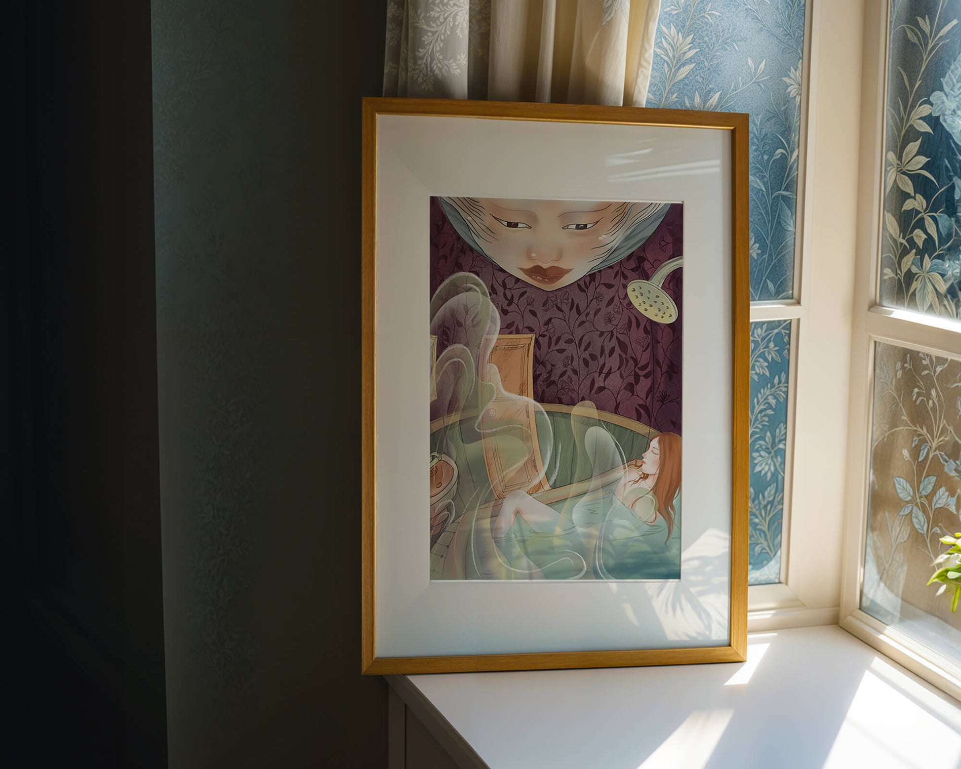 Tranquil bath scene with ethereal elements and ornate wallpaper