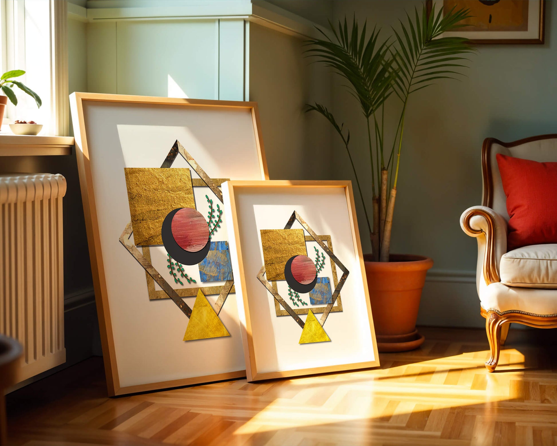 Modern geometric abstract art with vibrant colors and gold accents