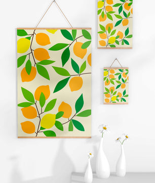 Vibrant lemon pattern with colorful leaves and citrus fruits