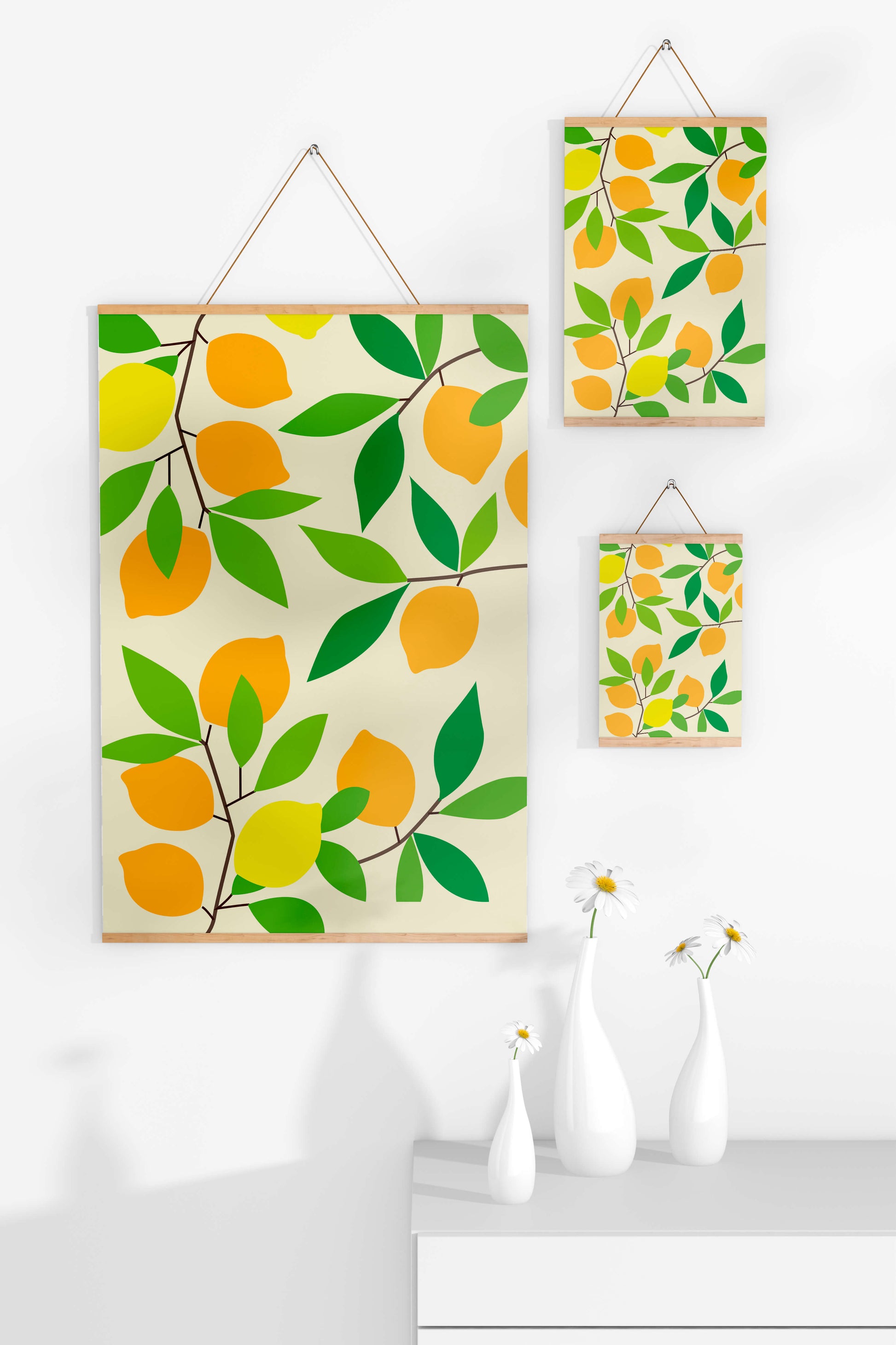 Vibrant lemon pattern with colorful leaves and citrus fruits