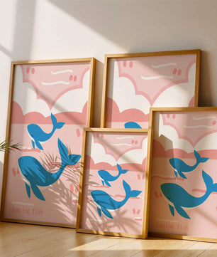 Playful whales illustration in pastel pink and blue
