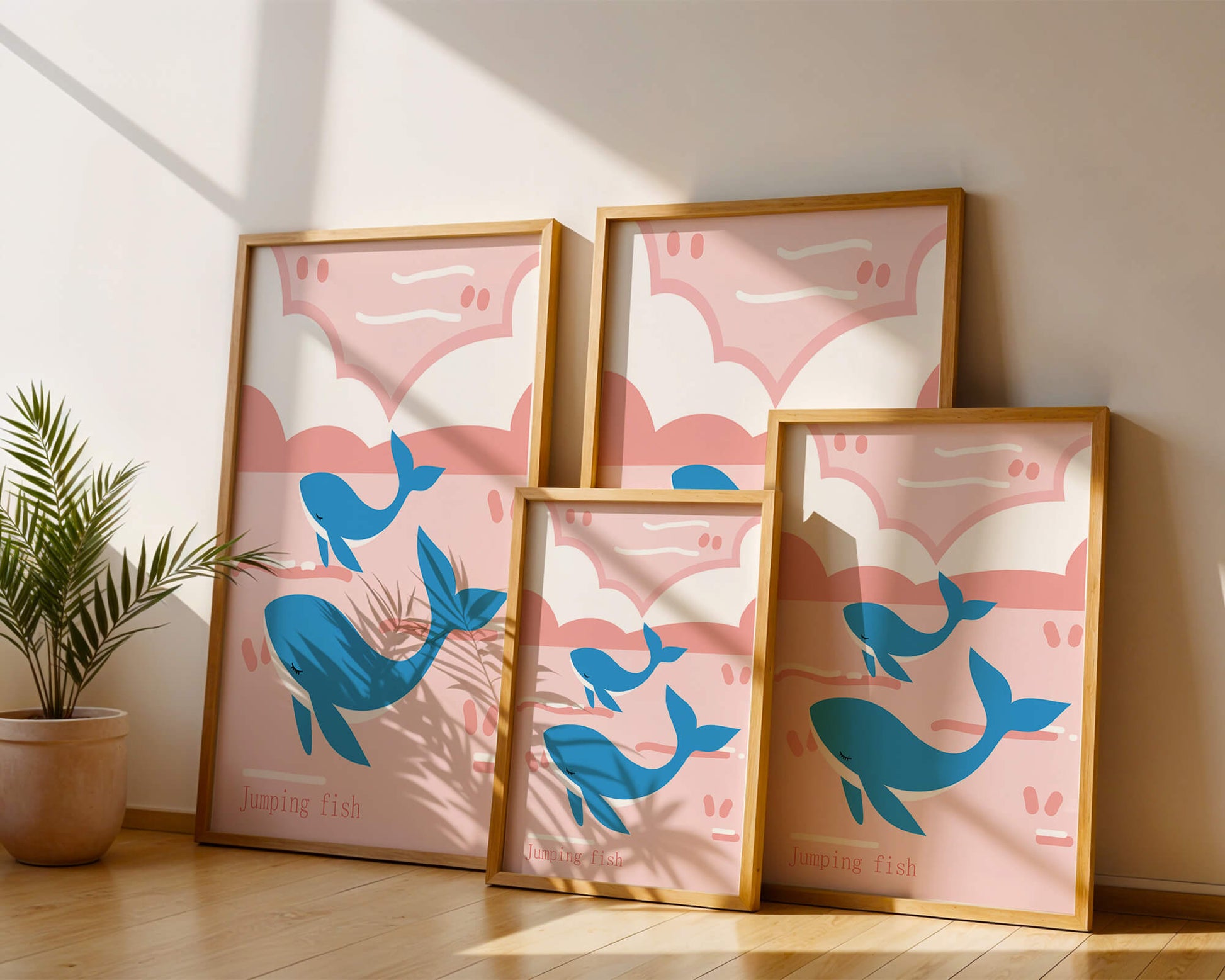 Playful whales illustration in pastel pink and blue