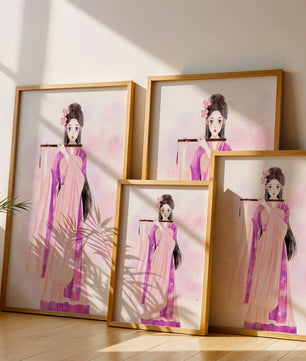 Illustration élégante à l’aquarelle d’une femme traditionnelle en tenue rose