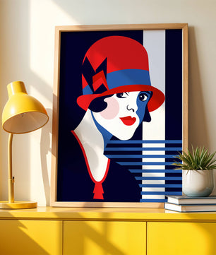 Femme élégante de style art déco avec chapeau cloche rouge et motifs géométriques