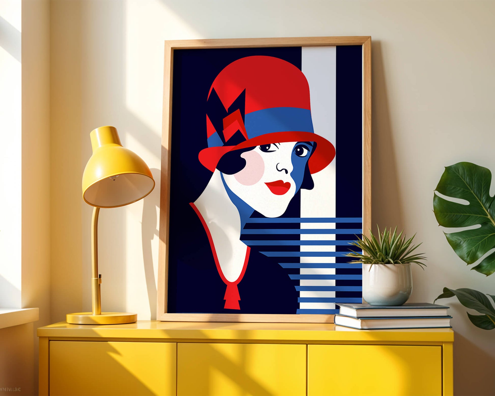 Elegante mujer de estilo art déco con sombrero cloche rojo y patrones geométricos.