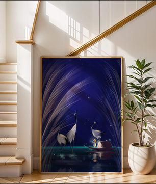 Serene night scene with graceful cranes and a magical boat ride