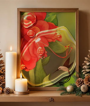 Vibrant floral illustration with hummingbird and lush greenery