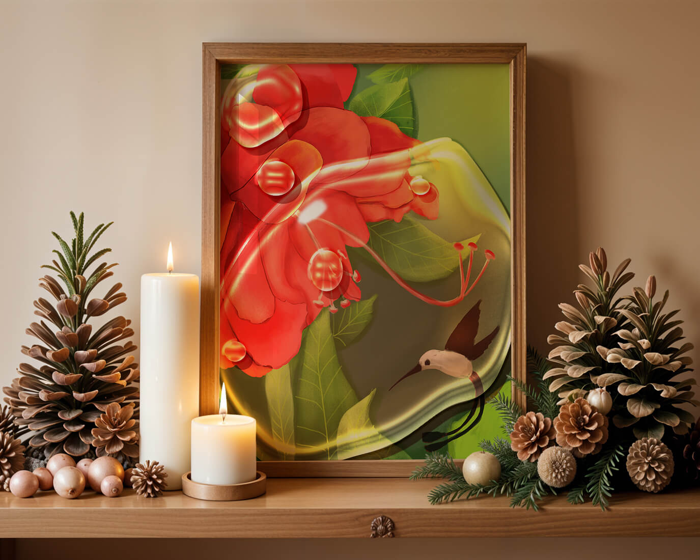 Vibrant floral illustration with hummingbird and lush greenery