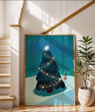 Winter scene with decorated Christmas tree and snowfall