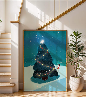 Winter scene with decorated Christmas tree and snowfall