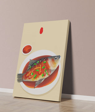 Illustration of a colorful fish dish with garnish