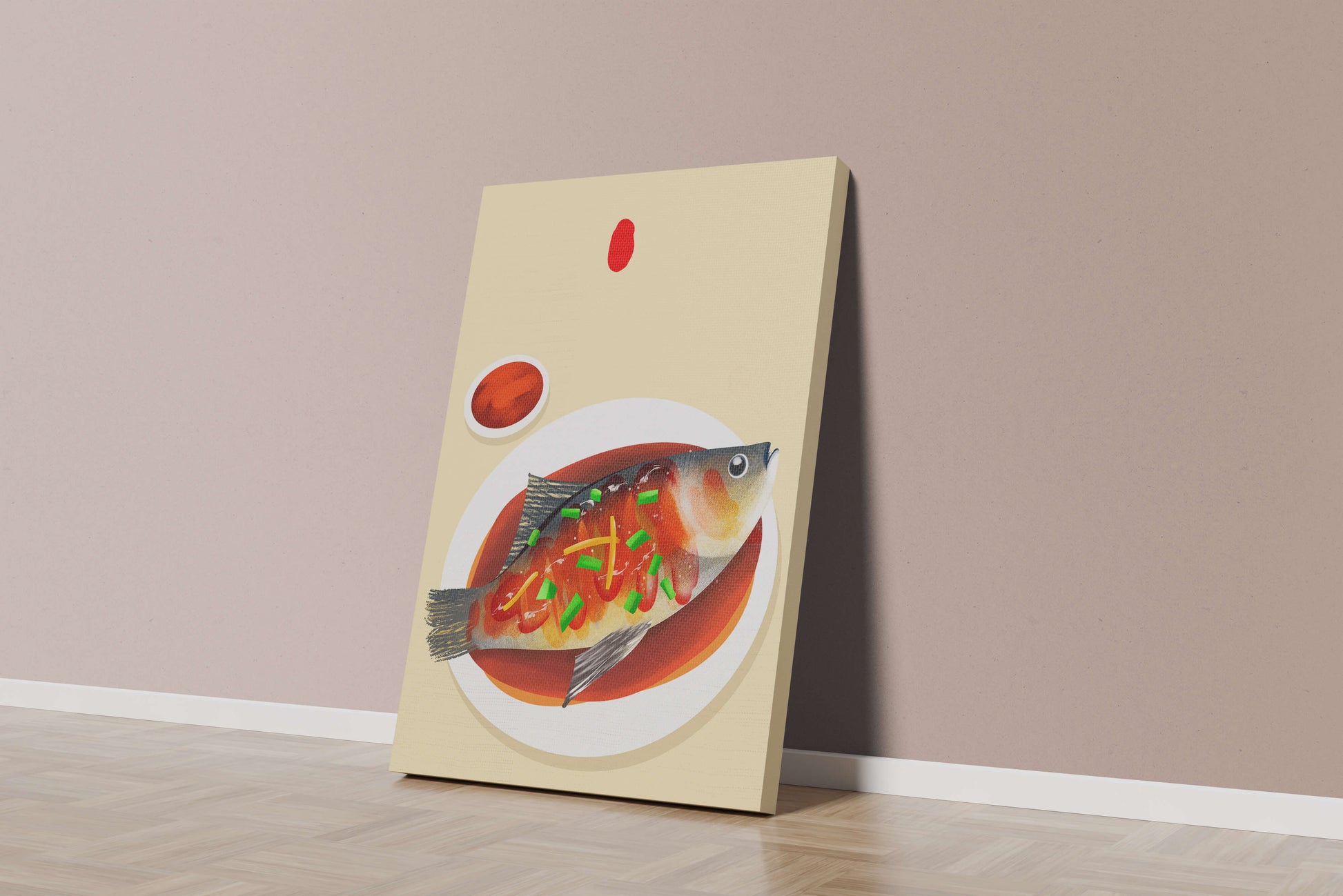 Illustration of a colorful fish dish with garnish
