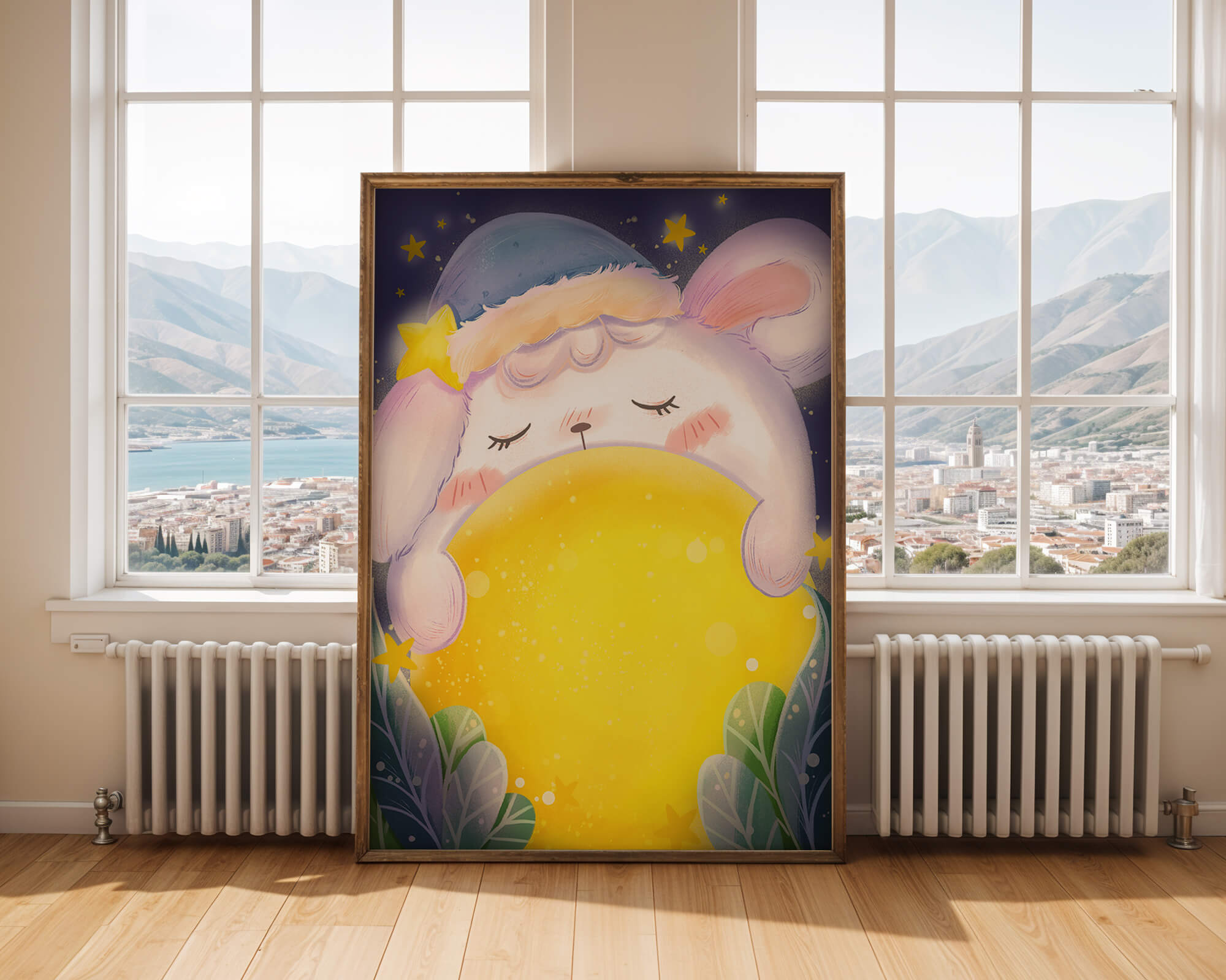 Sleepy rabbit with starry hat holding a glowing ball in a dreamy night scene