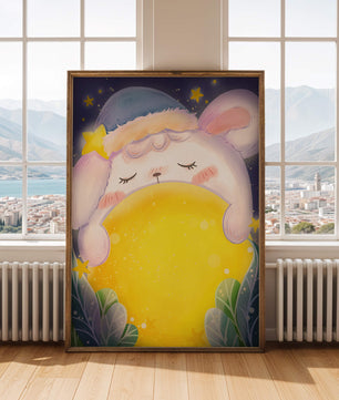 Sleepy rabbit with starry hat holding a glowing ball in a dreamy night scene